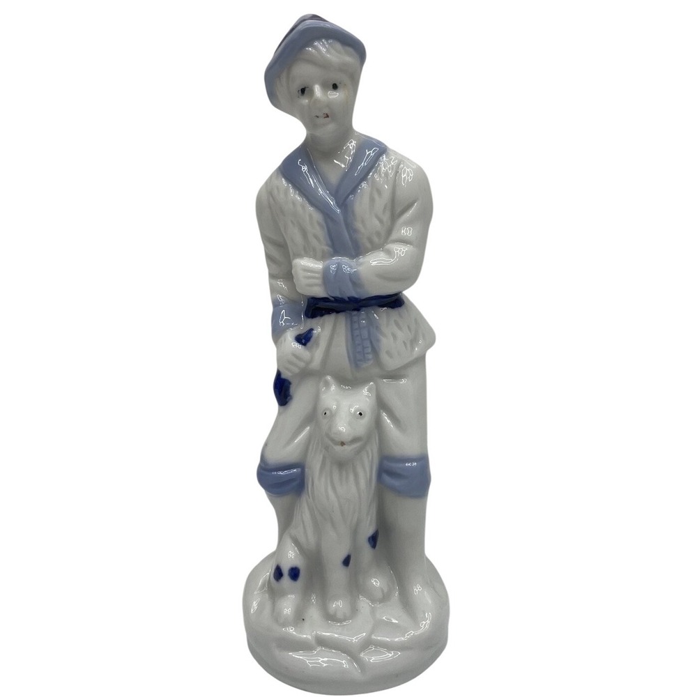Vintage Taiwan‎ Porcelain Figurine Shepherd Boy Dog Blue White 6"